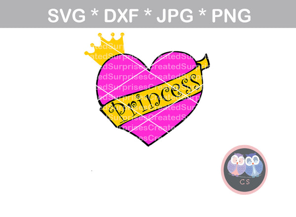 Princess heart, sash, crown, digital download, SVG, DXF ...