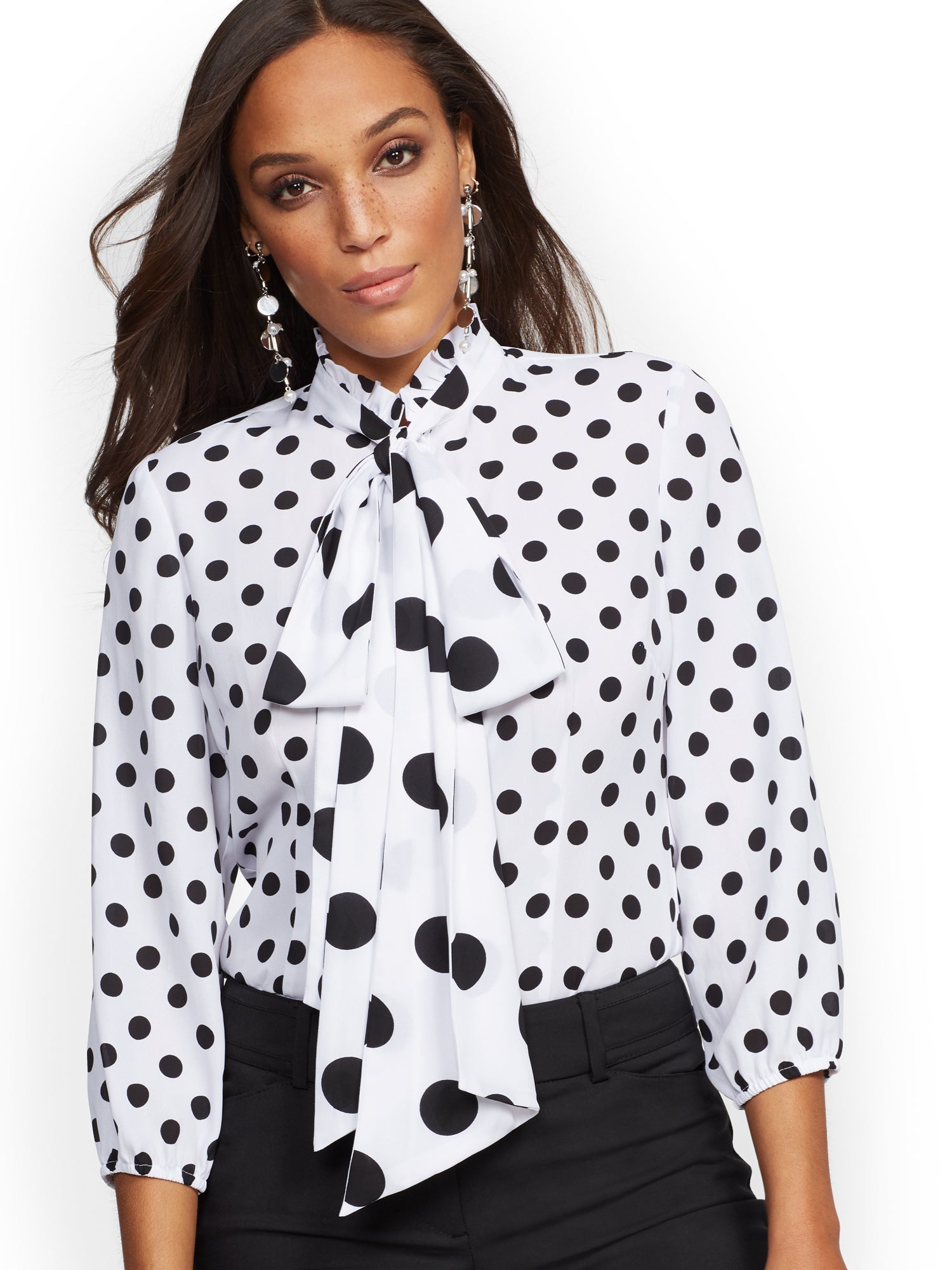 black and white polka dot blouse with bow