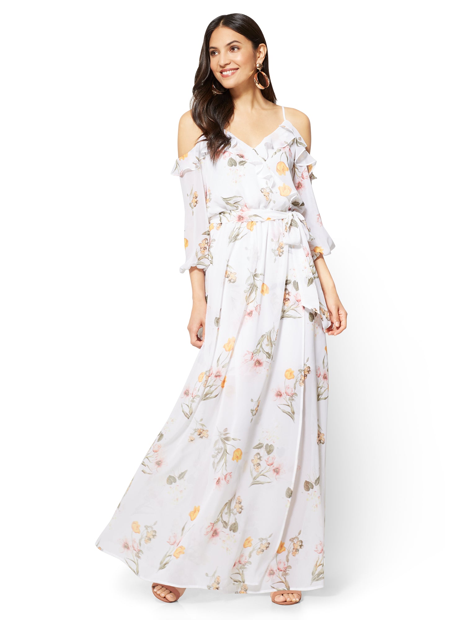 Ruffled Cold-Shoulder Maxi Dress 