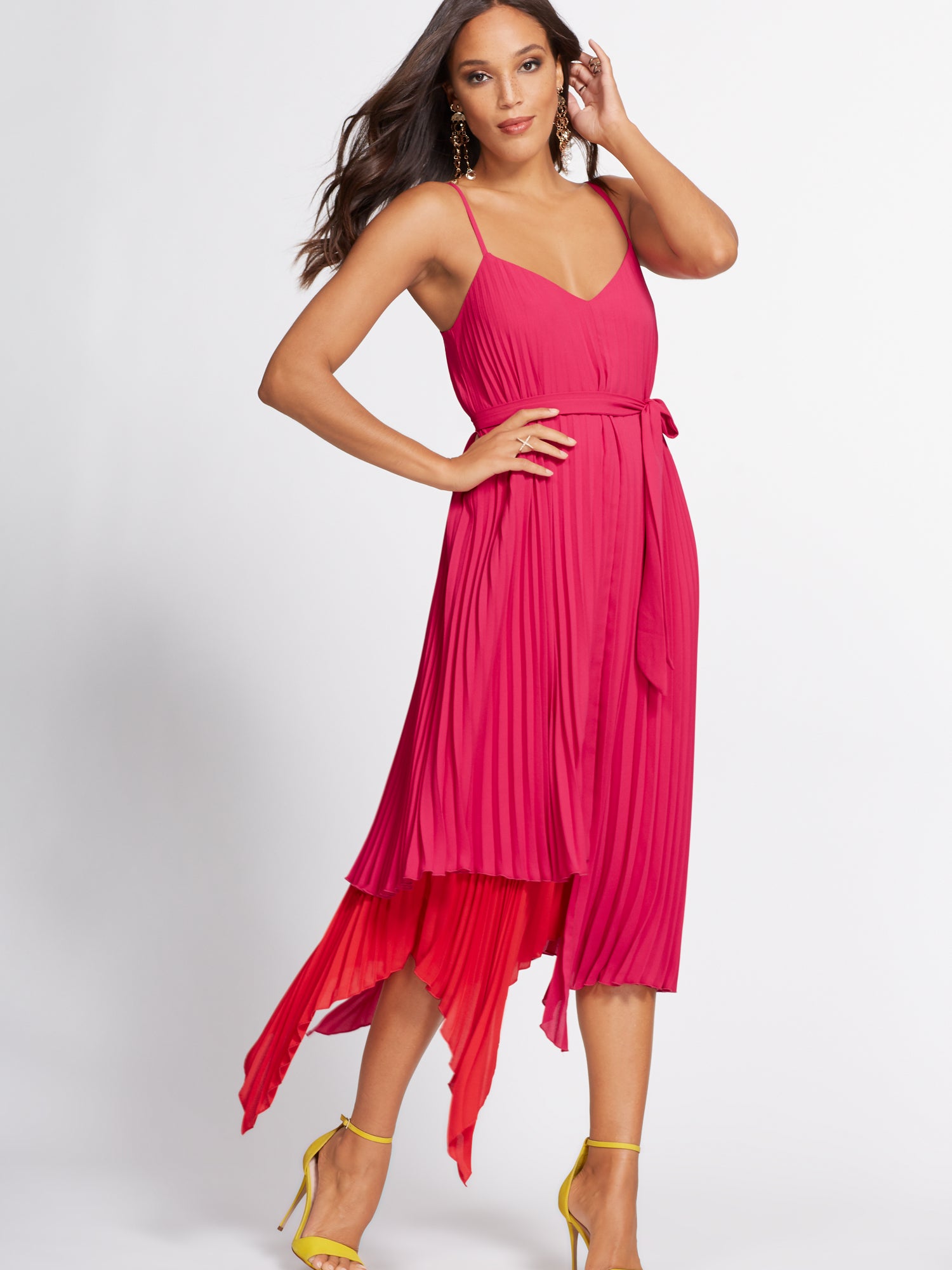 red and pink pleated dress