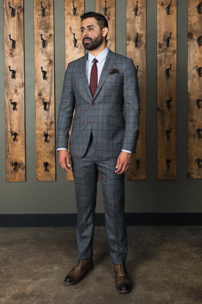 Three Button Rollover Suit Grey with Burgundy Check