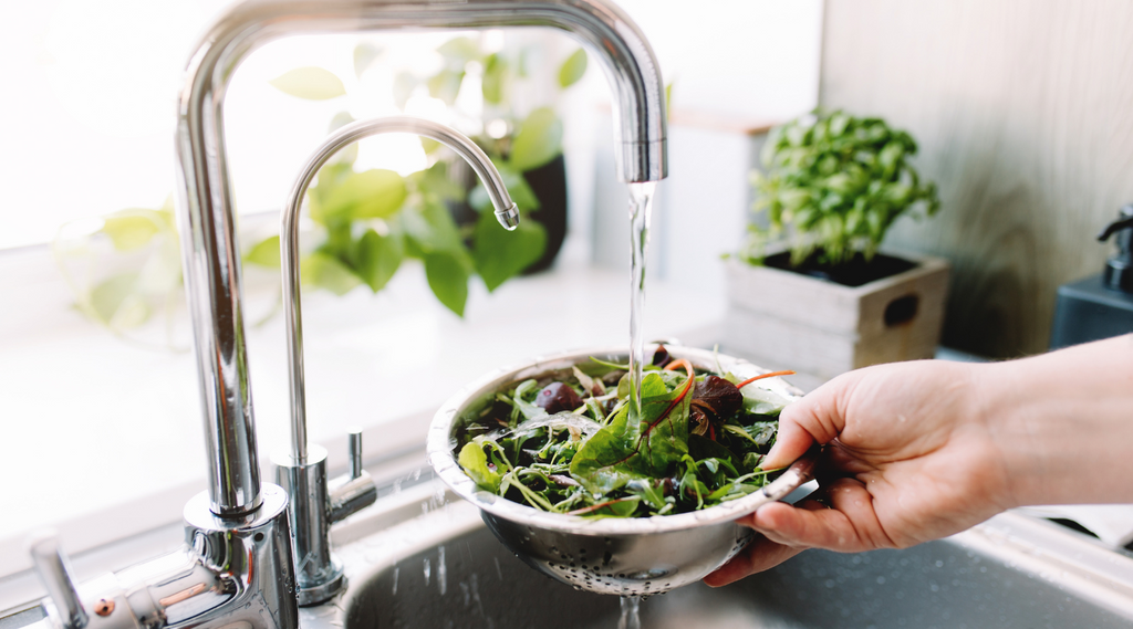 des plantes et herbes dans un saladier au dessus d'un évier