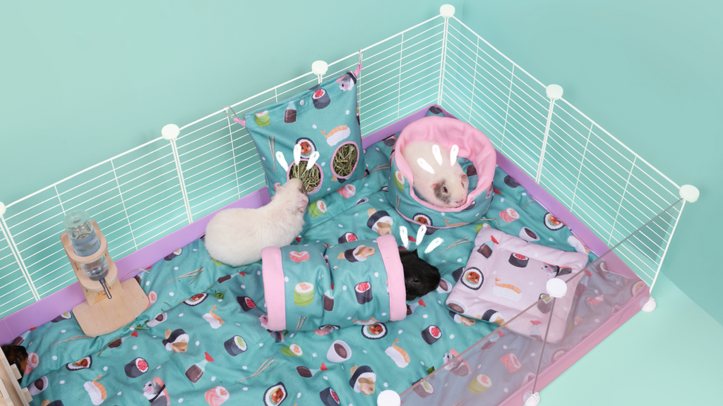 tapis et accessoires polaires au motif sushi de la marque Kavee dans une Cavy Cage avec des cochons d'Inde