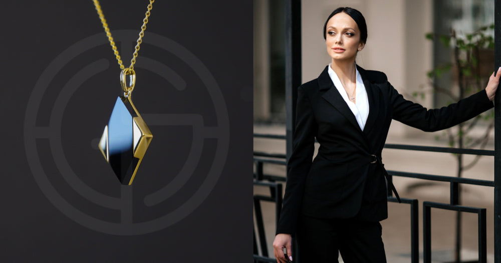 Natural semi-precious gemstone geometric minimalist jewellery for modern working women by Gems In Style, Magic Quad collection.