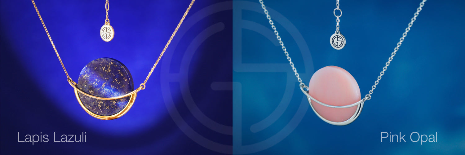 Dancing Orbit necklaces with Lapis Lazuli and Pink Opal gemstones, Gems In Style Jewellery