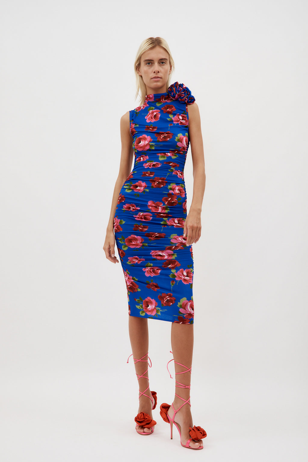 Magda Butrym Ruched Blue Floral Print Mock Neck Midi Dress