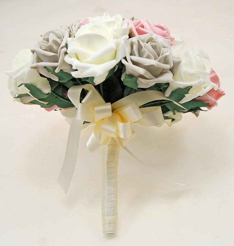 Brides Dusky Pink Ivory And Grey Artificial Foam Rose Wedding Bouquet