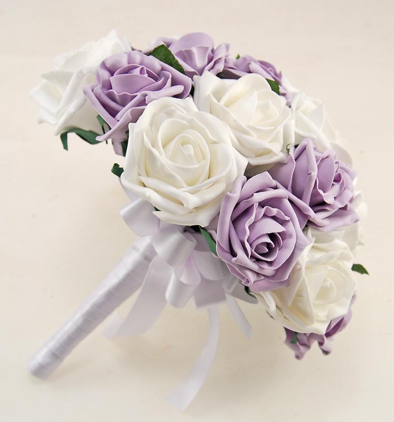 Brides Lilac & White Foam Rose Artificial Wedding Posy Bouquet