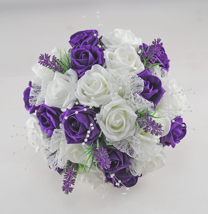purple and white wedding flower bouquets