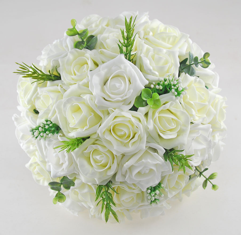 Lemon And Ivory Artificial Rose Bridal Bouquet With Gypsophila Budget Wedding Flowers