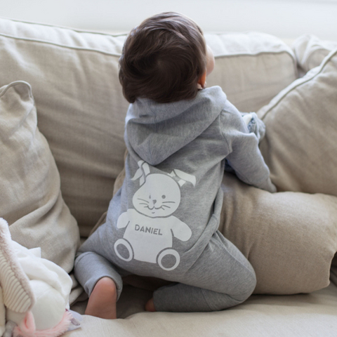 Our Personalised Baby Hooded Onesie is a grey romper suit