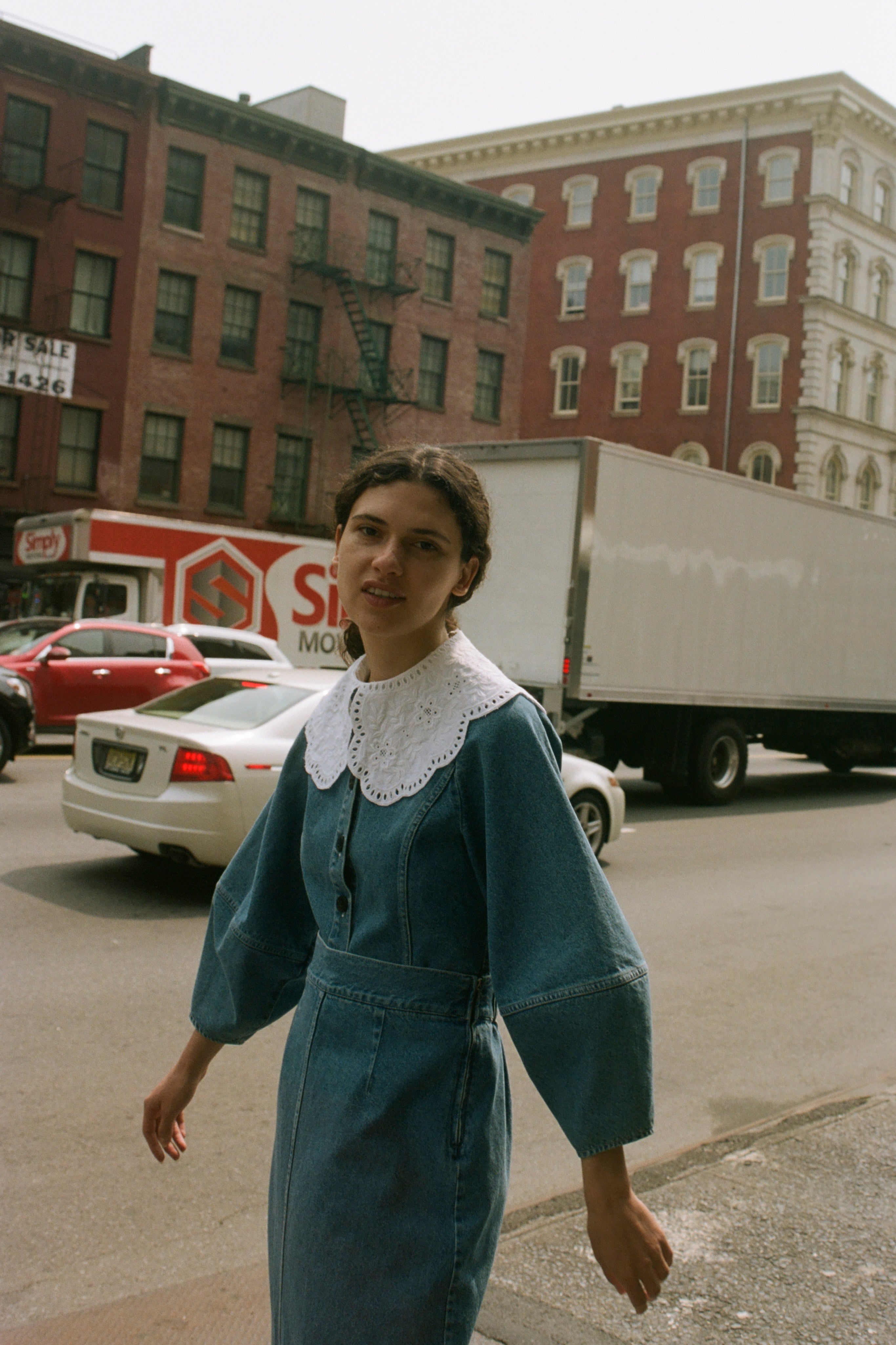 Doreen denim top, doreen denim skirt, zippy lace collar