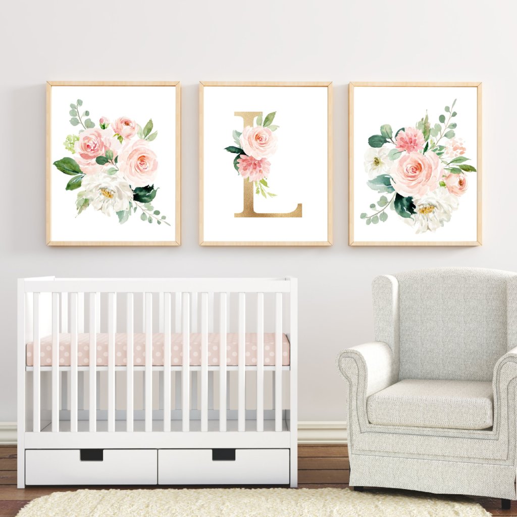 Baby Girl Nursery Art Girl Set of 3 - Blush Pink and Gold Floral