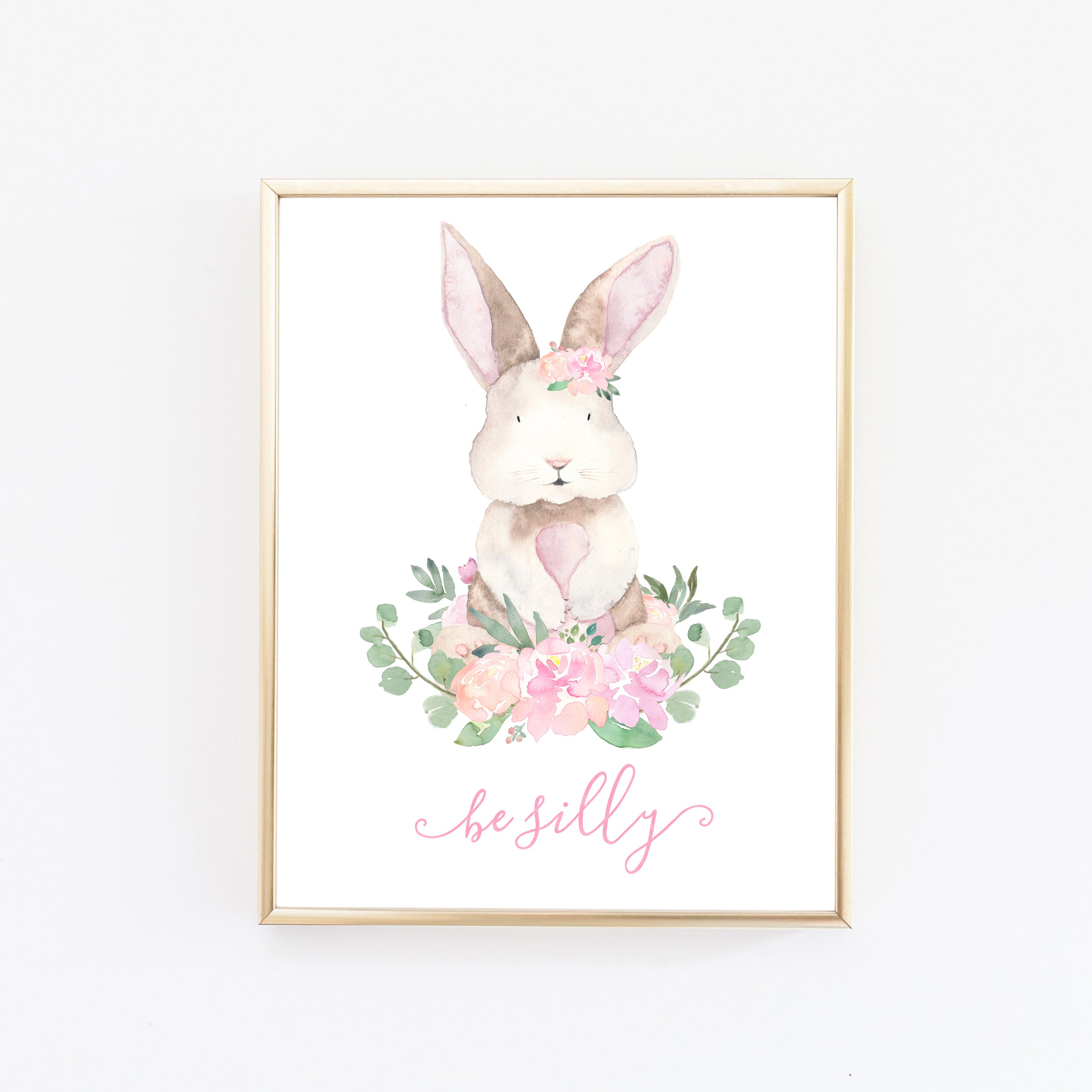 Cute Bunny Pink Flowers Nursery Wall Art - Set Of 3 - Nursery Prints