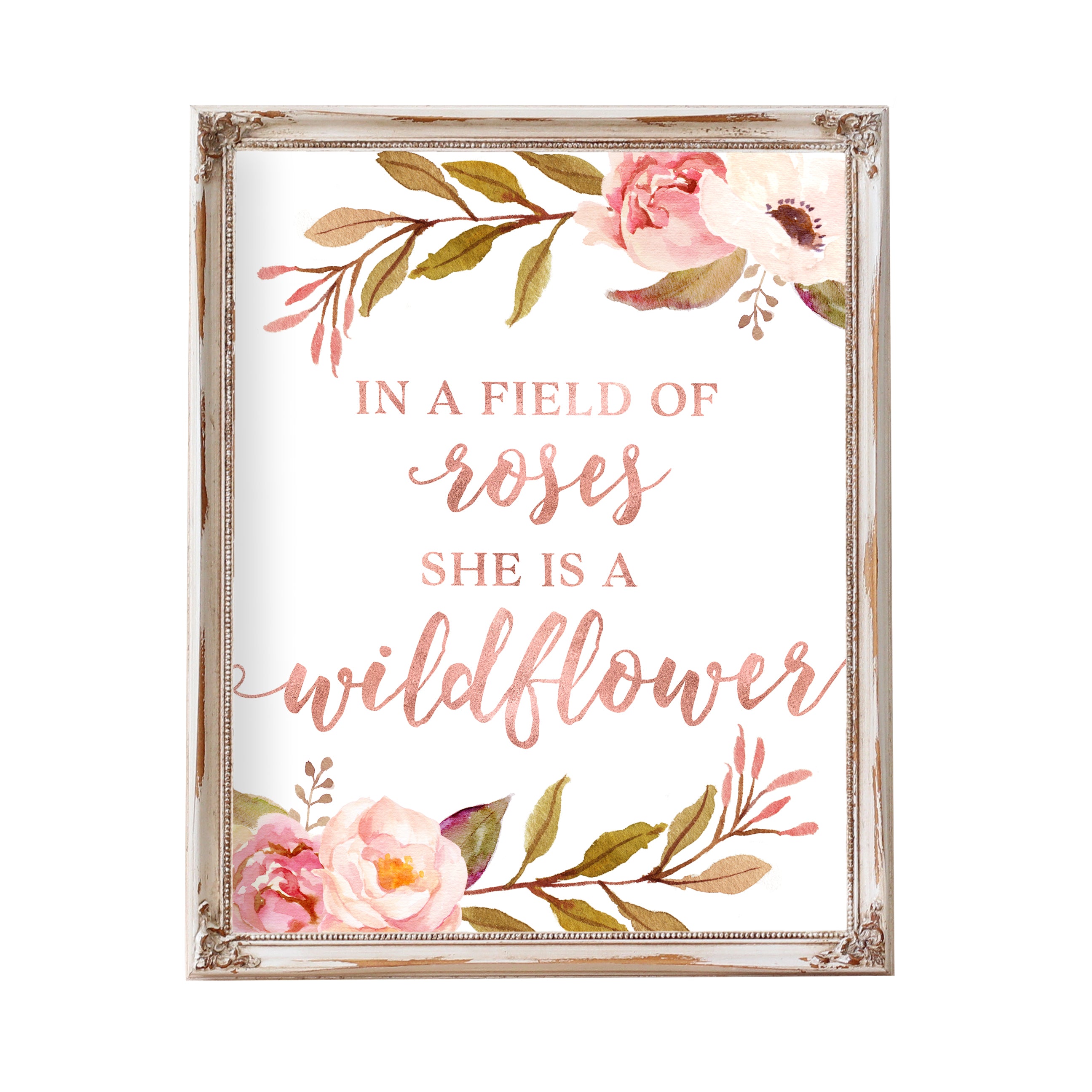 Ann Marie & Co. - In a field of roses she is a wildflower 🌸 Dimensions:  25” x 40” Background: Linen Trim: Dusty Rose Lettering: Gray Stain Font:  White Flowers www..com/shop/annmarieaccessories