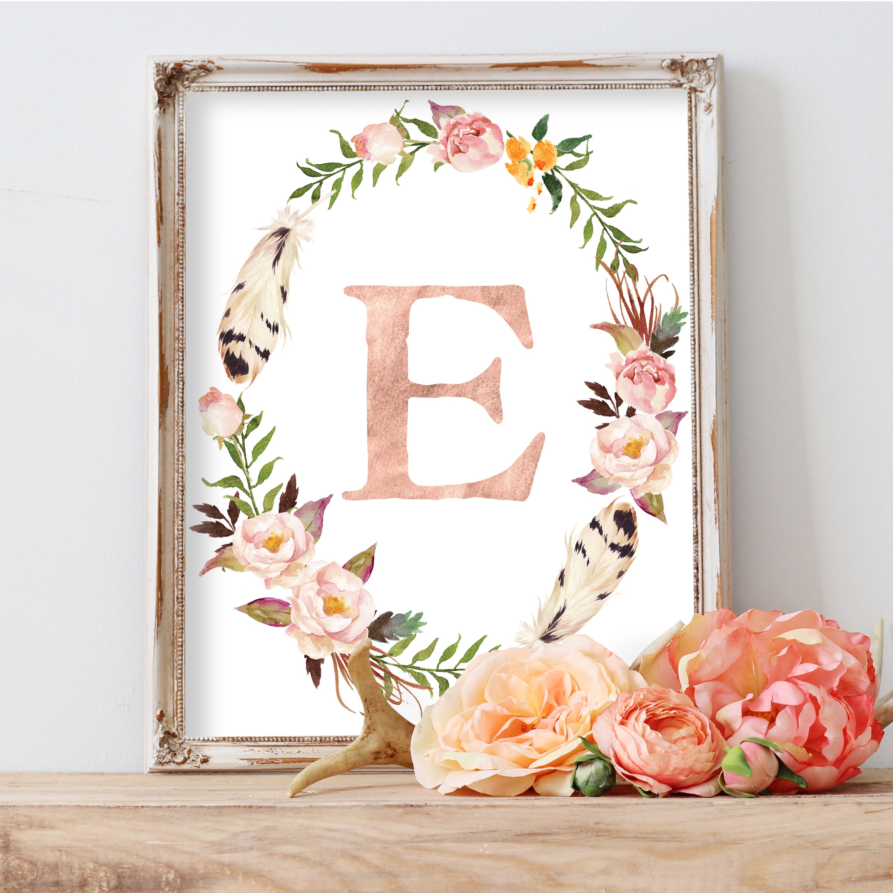 Flower Wreath with Personalized Monogram Initial Letter J on Pink