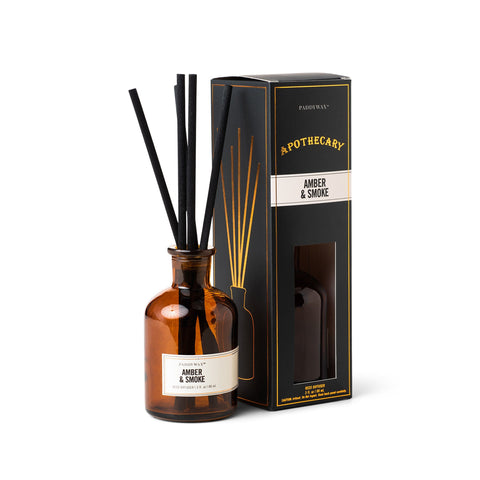 3 oz brown glass apothecary bottle filled with diffuser sticks; pictured next to the black packaging