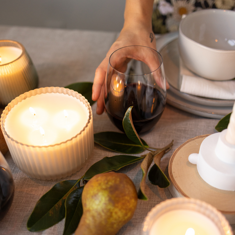 Cypress + Fir Glass Candles on table scape for pear and leaves and wine glass