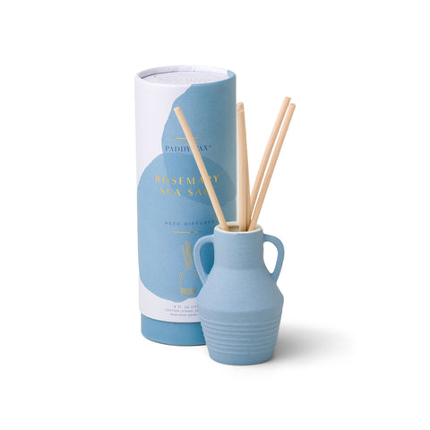 Santorini 4 fl oz. Diffuser - Rosemary Sea Salt - Blue diffuser with wooden reeds and blue packaging tube