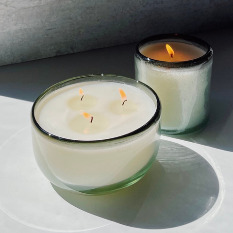 La Playa Vanilla Candles - two glass candles with white soy wax on grey background