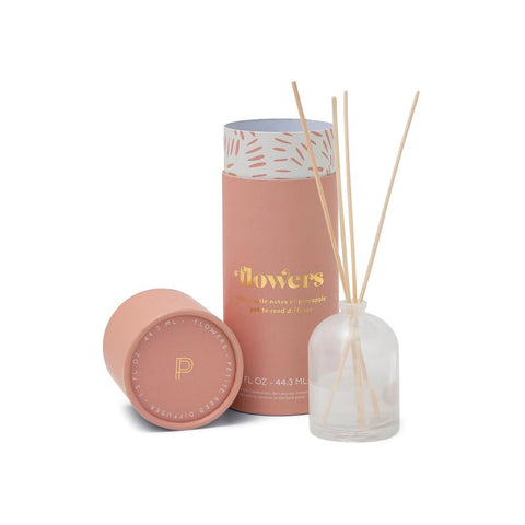 Flowers Petite Reed Diffuser - white glass diffuser with wooden reeds and pink packaging