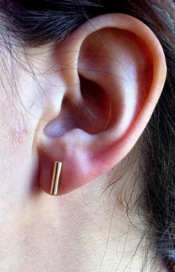 Simple, Understated, Hand-Made Gold Colored Brass Bar Stud Earring - 0018