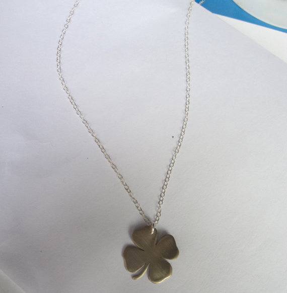 Hand-Made Shamrock Gold Colored Brass Charm Necklace On A Sterling Silver Chain - 0098