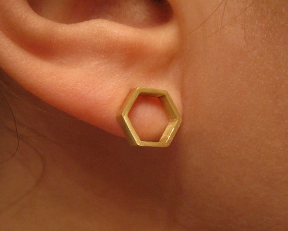 Hand-Crafted, Open Hexagonal Honey Comb Stud Earrings in Brass - 0114