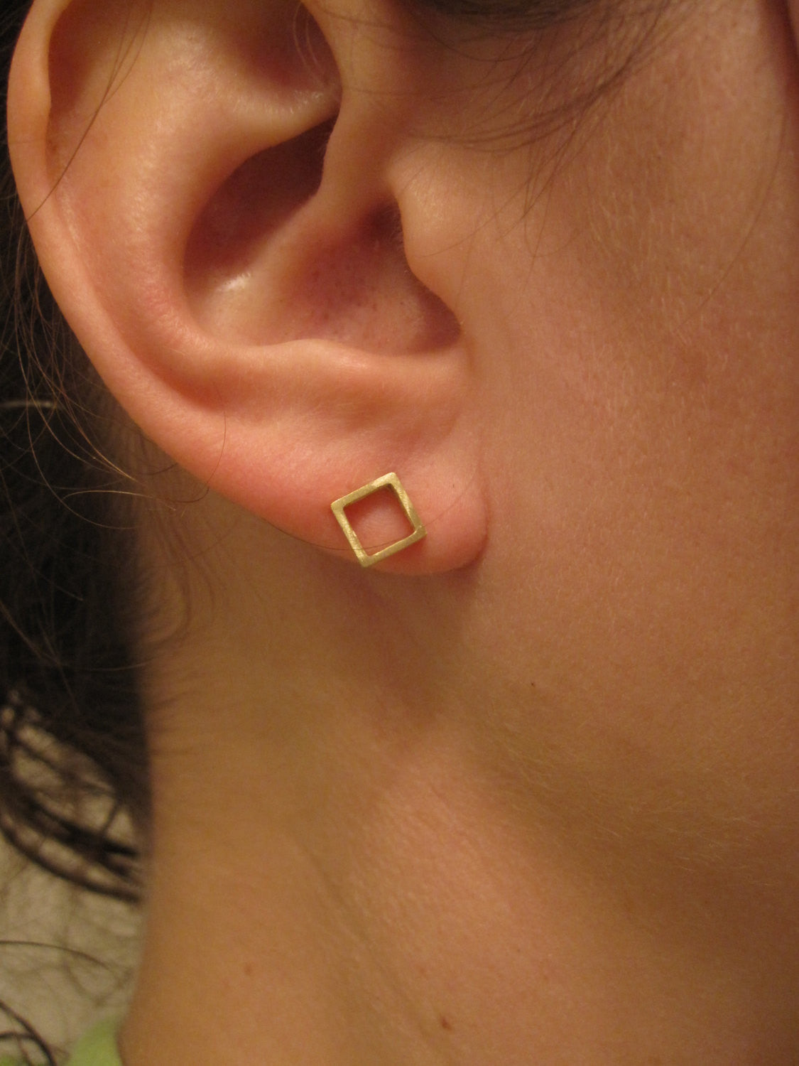 Open Hand-Made Square Cube Stud Earrings in Gold Colored Brass - 0124