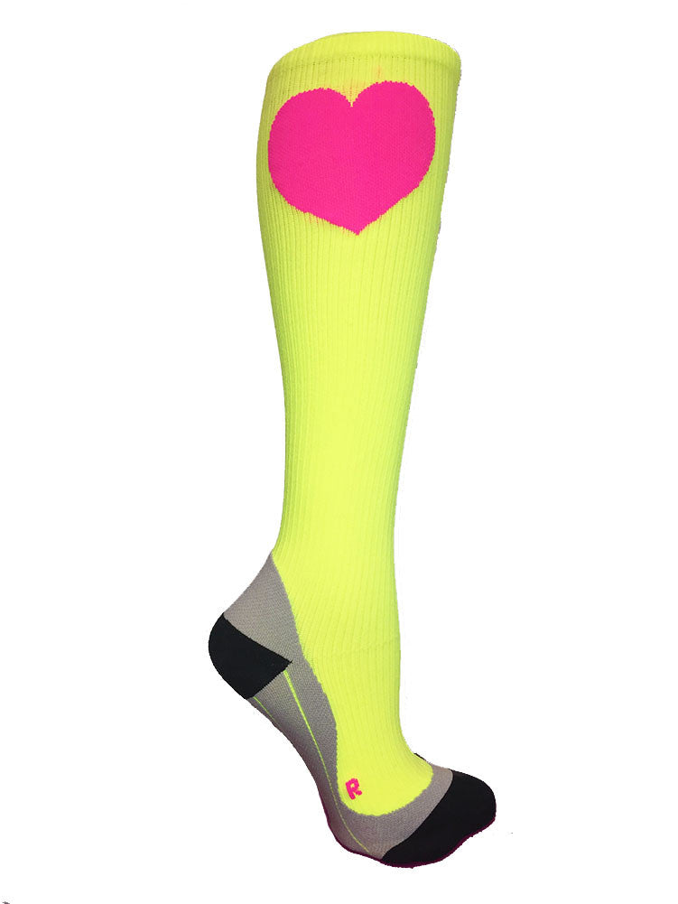 Image of Neon Yellow Compression Socks with Hearts