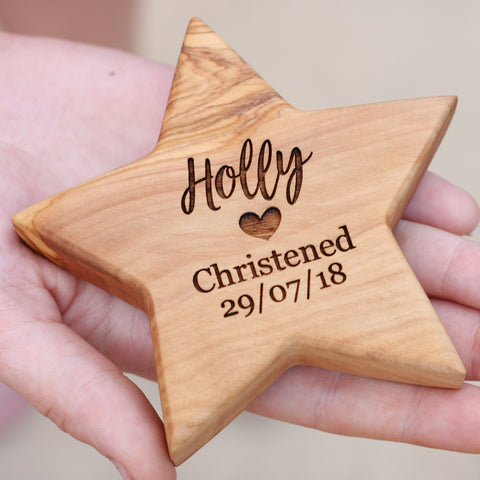 Personalised Olive Wood Christening Gift Star