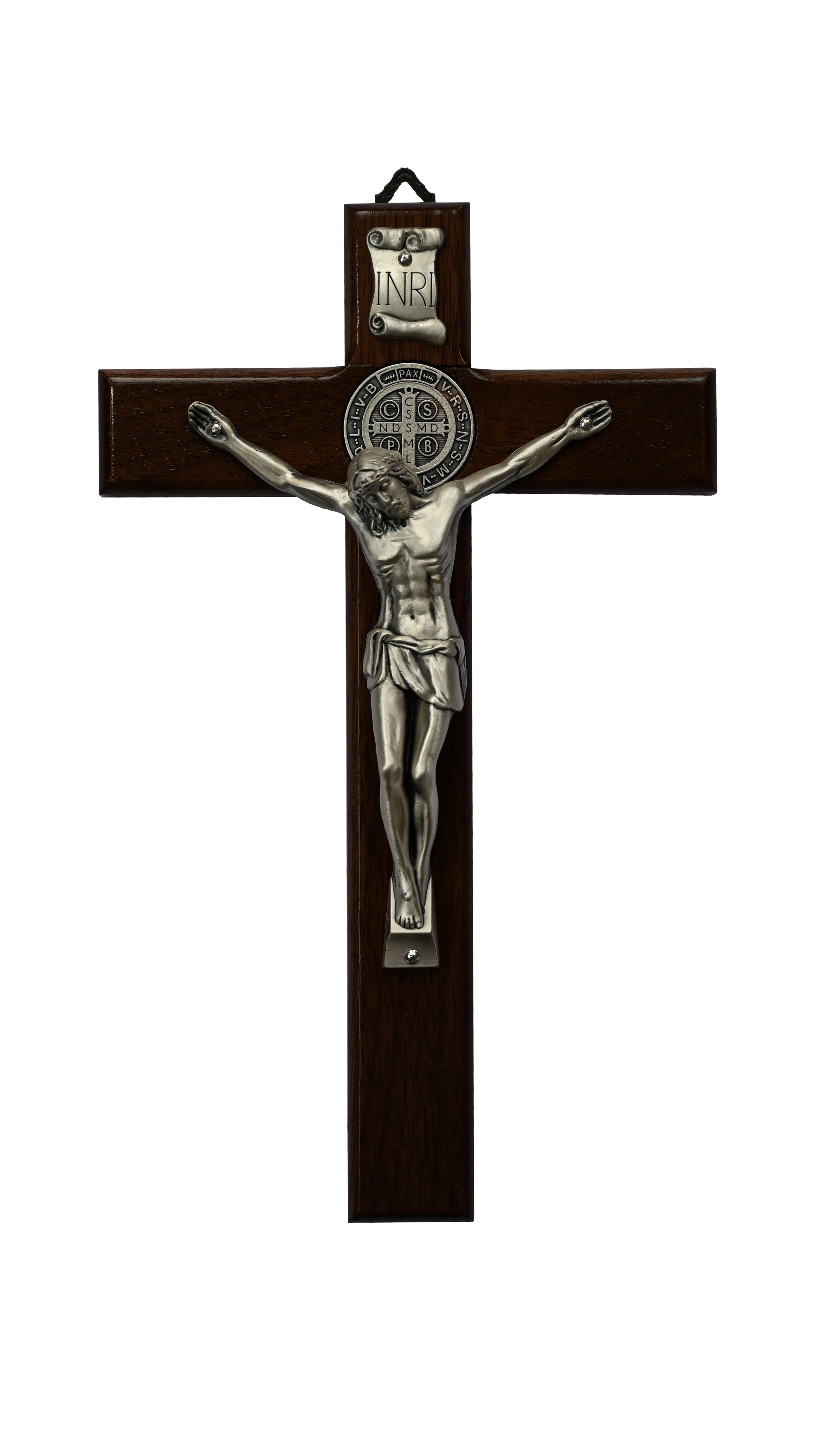 Wood St. Benedict Wall Crucifix with Silver Plated Corpus