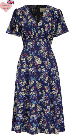 Navy Floral Tea Knee Length Dress