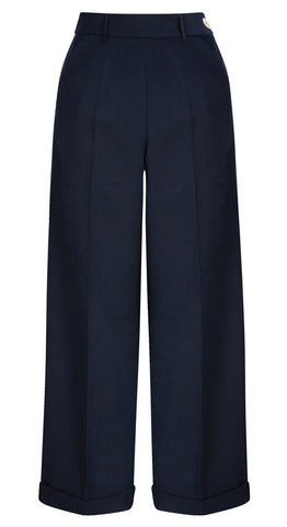 1940s Style High Waisted Wide Leg Trousers in Navy 