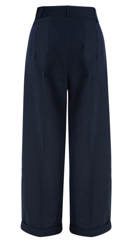 1940s Style High Waisted Wide Leg Trousers in Navy 