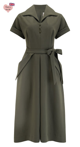 Retro 1940s Style Khaki Knee Length A line Skirt Dress