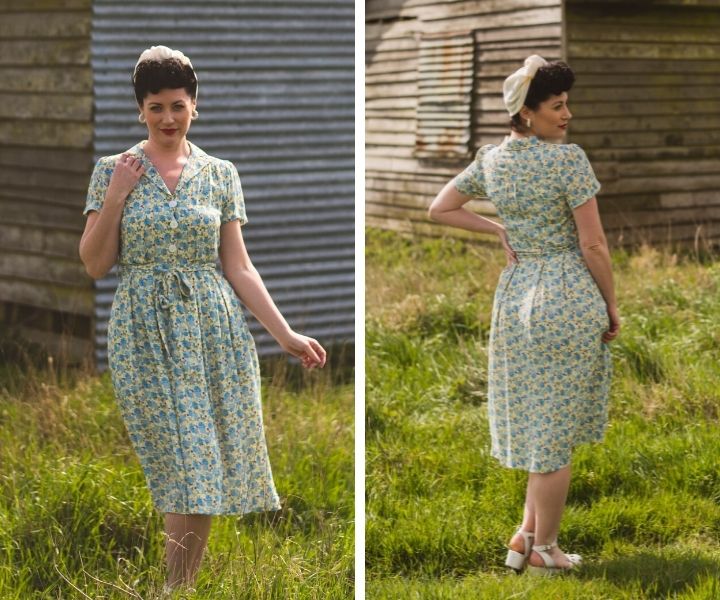 Sustainable viscose 1940s Style Katherine floral print shirt dress_Weekend Doll 