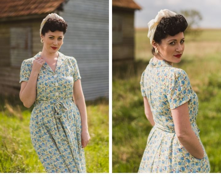 Sustainable viscose 1940s Style Katherine floral print shirt dress_Weekend Doll 