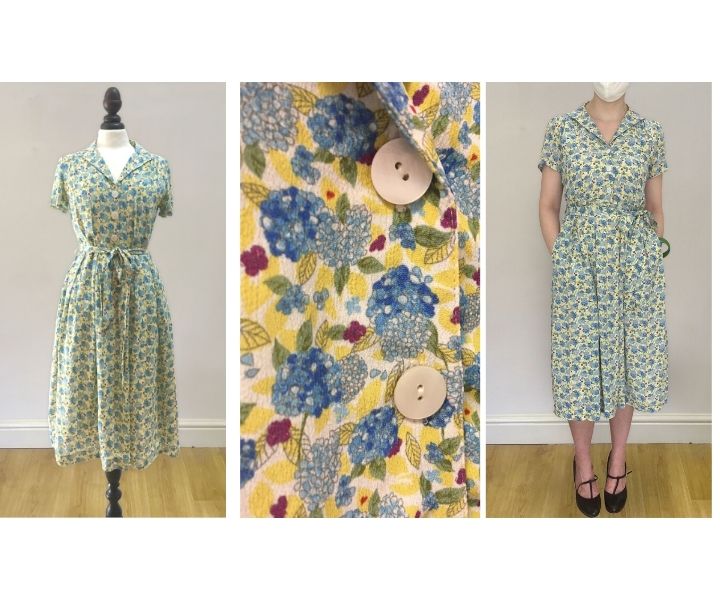 1940s Vintage Style Yellow Floral Shirt Dress Weekend Doll 