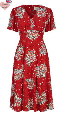 1930s Style Red Floral Tea Dress 