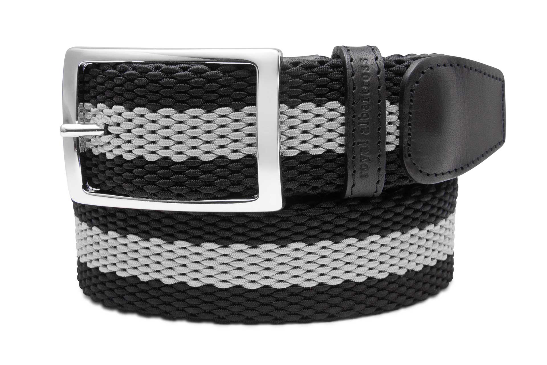 Men's Woven Leather Belt, Gray/Blue Golf Webbing