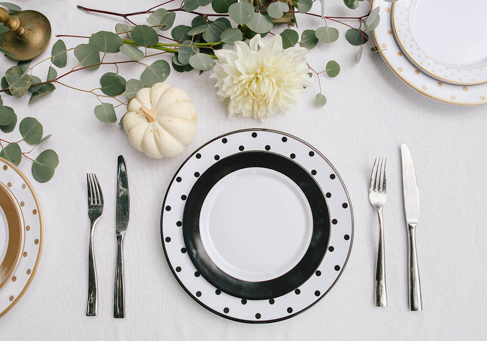 Friendsgiving Table Setting | Black Polka Dot Plates