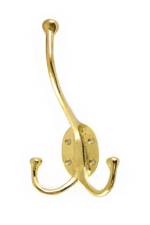 Three Prong Wall Mounted Coat Double Hook - Polished Brass