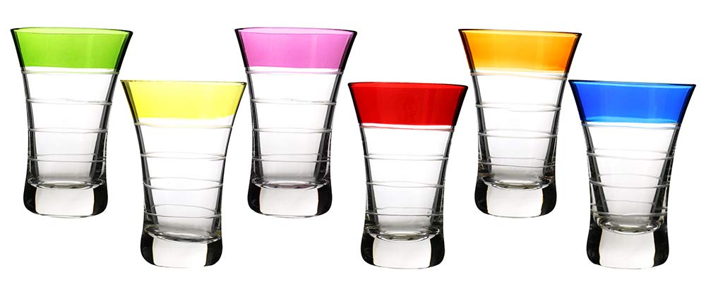(D) Multicolor Shot Glasses with Colorful Rims 6-pc Set, Modern Style Glassware