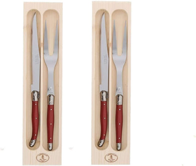 (D) Laguiole Flatware Jean Dubost Carving Fork and Knives Set 2 PACK (Red)