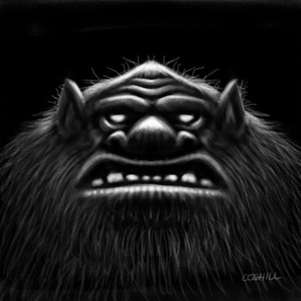 Troll monster creature black and white drawing.