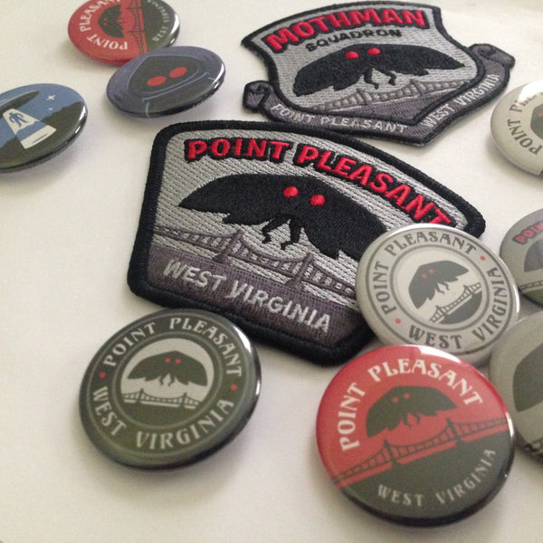 Mothman Point Pleasant paranormal cryptid embroidered patches & pin-back buttons by Monsterologist (artist George Coghill).