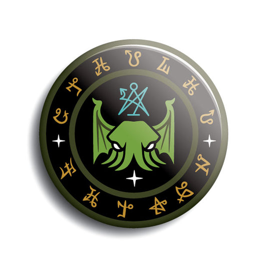 Cthulhu Fhtagn Lovercraft pin-back button with secret society occult sigils, by Monsterologist