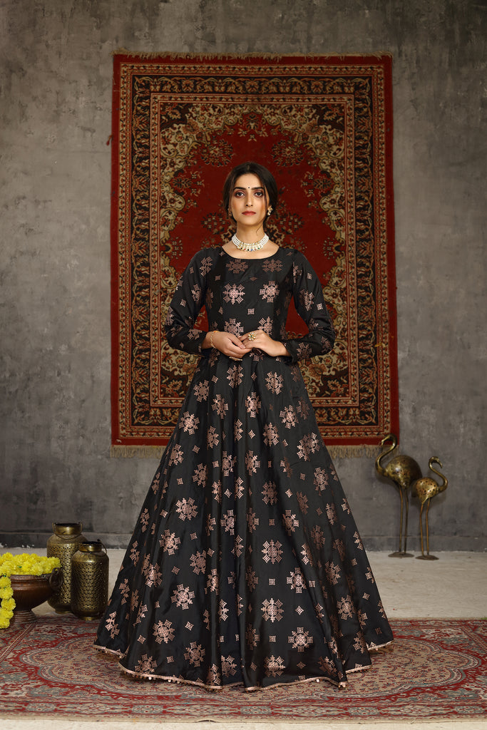 Black Foilage Print Taffeta Silk Party Wear Gown Semi Stitched