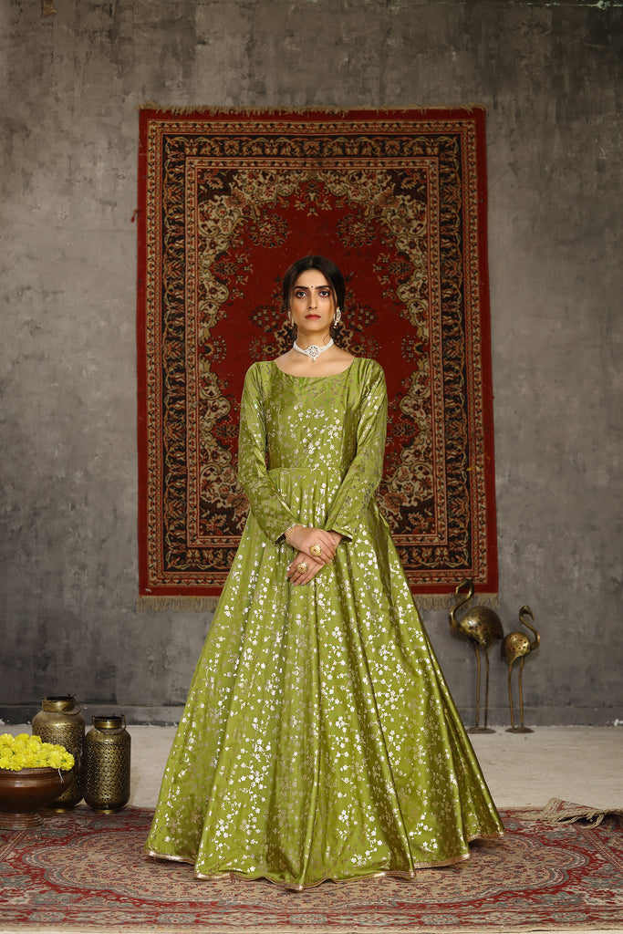 Fluorescent Green Taffeta Metalic Foil Work Anarkali Gown Party Wear